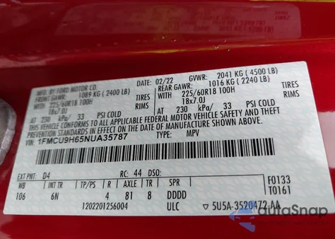 2022 Ford Escape Sel из США, поврежденный, VIN 1FMCU9H65NUA35787